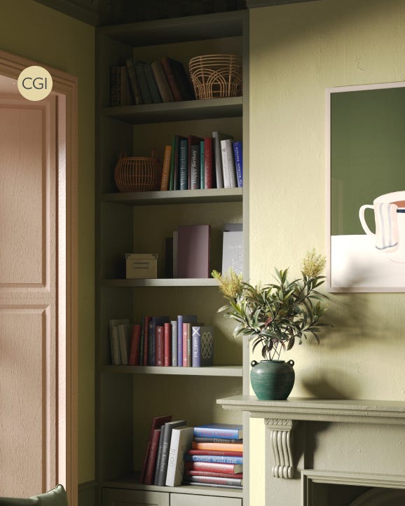 Bookshelf with books and decorative items in a room with a mirror and plant.