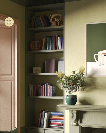 Bookshelf with books and decorative items in a room with a mirror and plant.