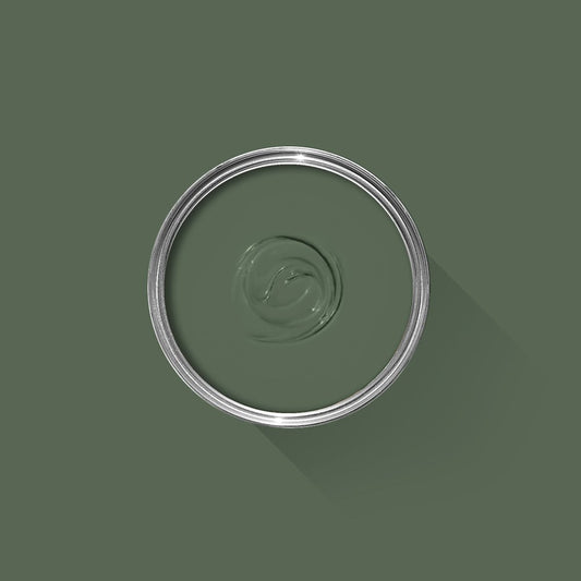 Green paint swatch with a silver rim on a green background