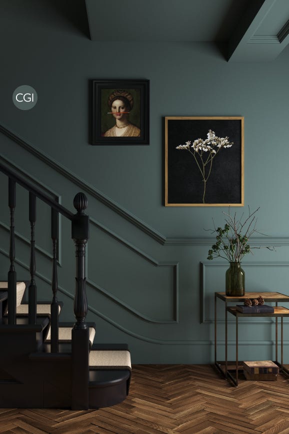 Staircase with dark green walls, framed artwork, and a small table with a vase.