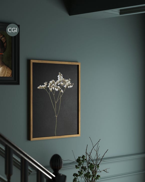 Framed artwork of a plant on a teal wall with a CGI logo.