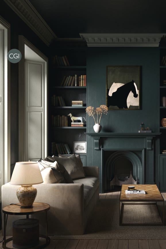 Cozy living room with dark green walls, a fireplace, and a horse painting.