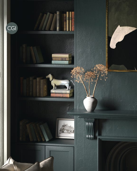 Dark green wall with bookshelf, decorative items, and a horse painting.