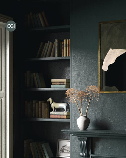 Dark room with bookshelf, decorative items, and framed picture on a wall.
