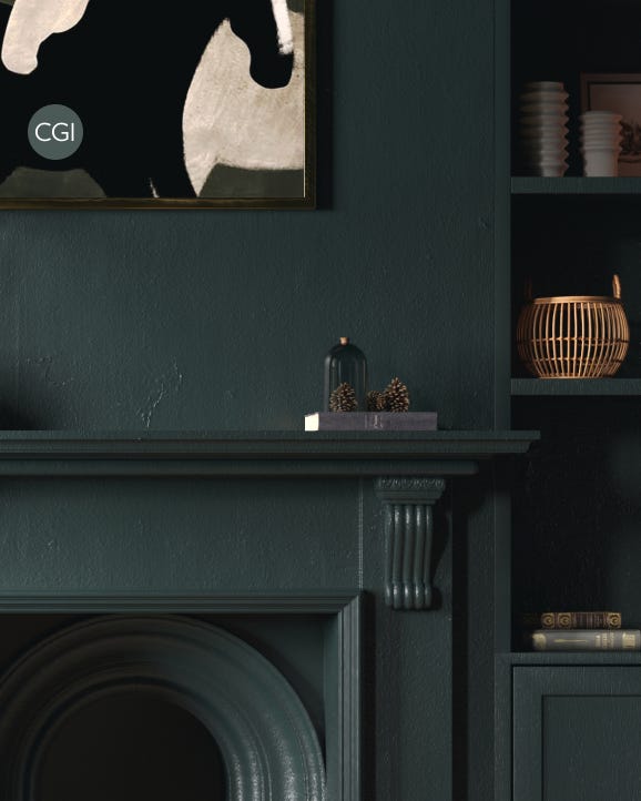Dark green wall with a fireplace and decorative items
