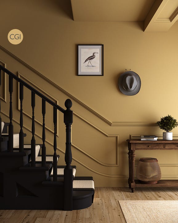 Staircase with black railing in a room with a yellow wall, framed picture, and hat.