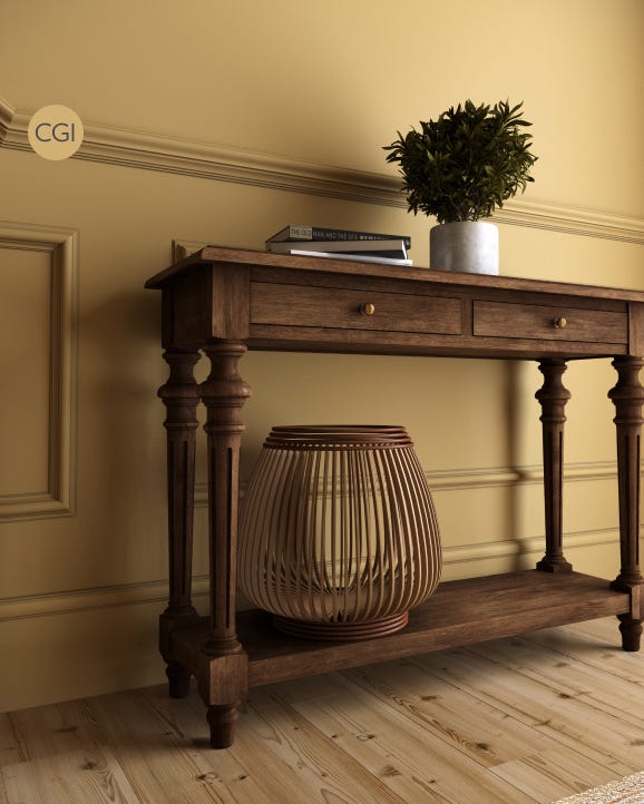 Wooden console table with a basket and plant against a beige wall