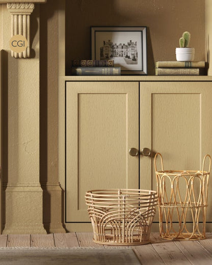 Beige cabinet with decorative items including a framed picture and cactus plant, with 'CGI' branding visible.