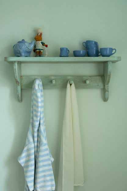 Shelf with decorative items and hooks with cloths against a light green wall