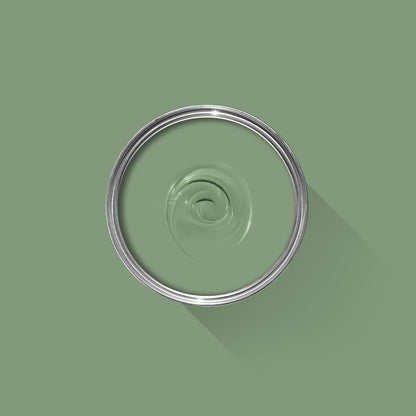 Green paint swatch with a silver ring on a green background