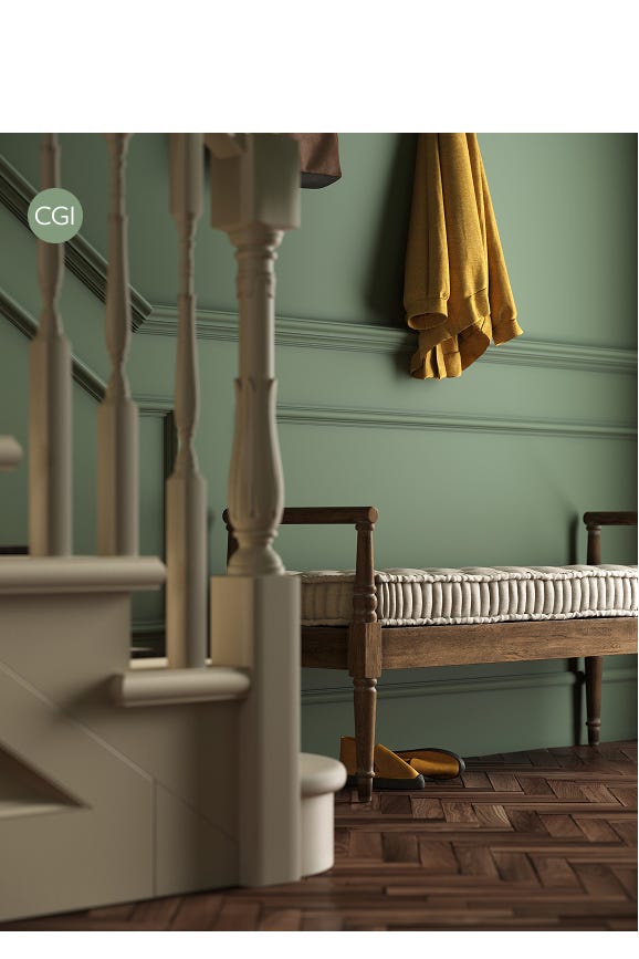 Staircase with wooden bench and green wall
