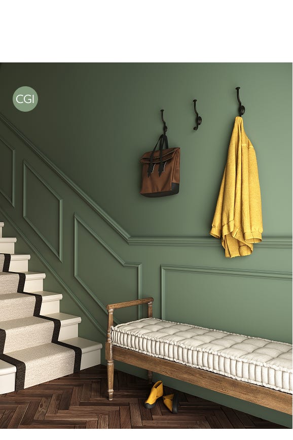 Staircase with a bed and green wall, featuring a CGI logo.