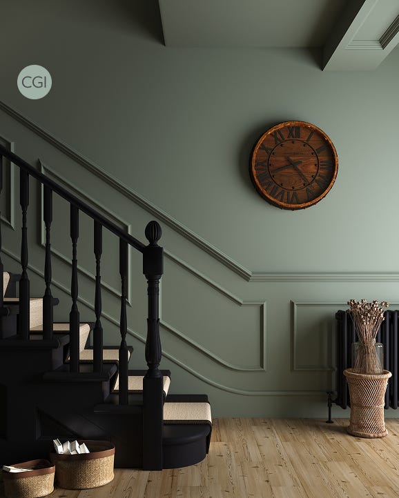 Staircase with wooden clock on a green wall