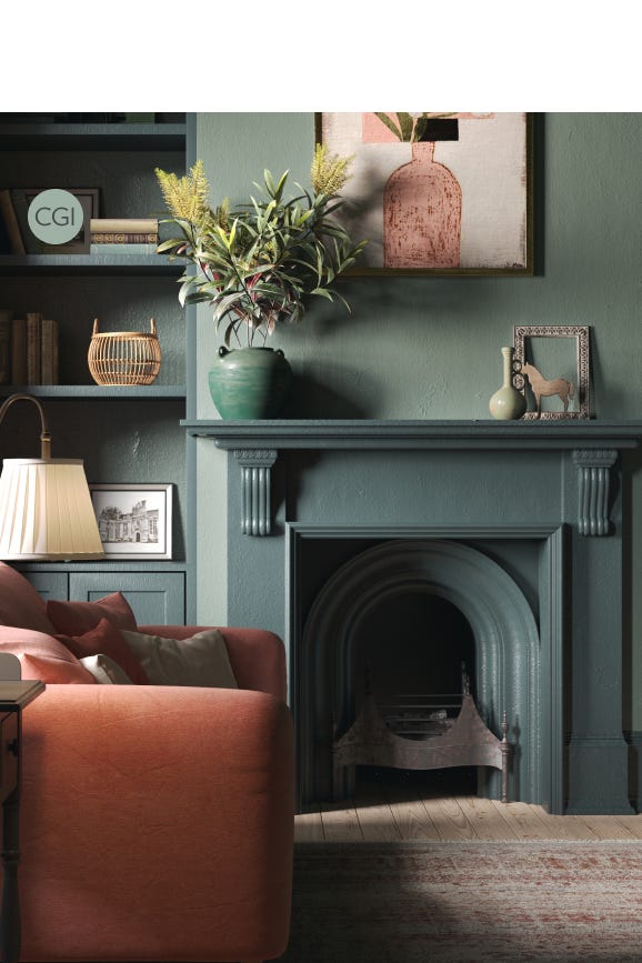 Living room with a green fireplace, orange sofa, and decorative items.