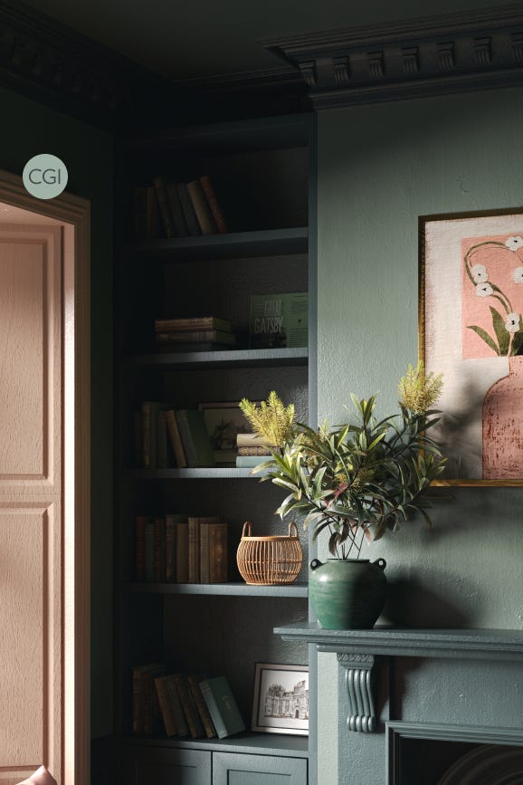 Room interior with a bookshelf, plant, and framed picture on a wall.