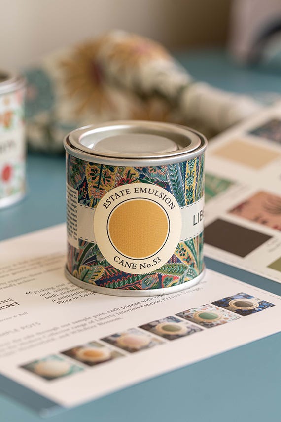 Can of 'Estate Emulsion' with decorative label on a table with papers and a cat in the background