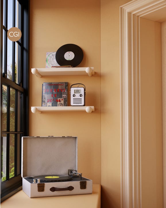Record player on a table with shelves displaying records and a radio against a beige wall.