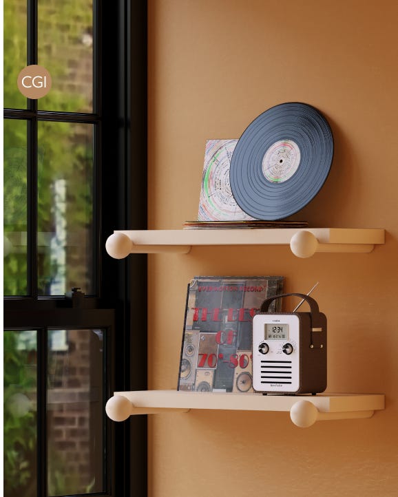 Shelves with a vinyl record, map, and small radio against a windowed door background.