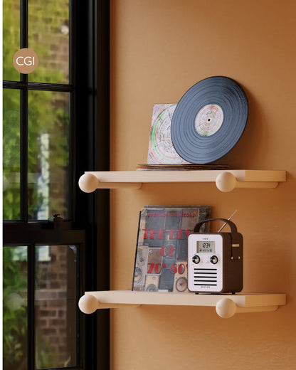 Shelves with a vinyl record, map, and small radio against a windowed door background.