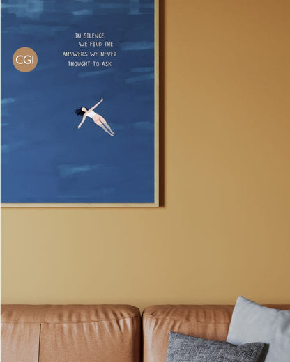 Framed artwork of a person swimming with text on a blue background, mounted on a yellow wall above a brown sofa.