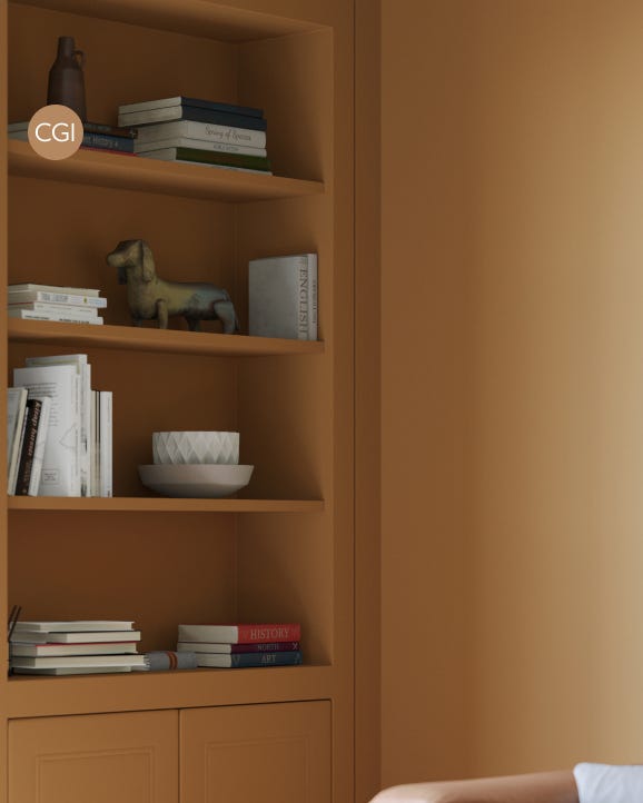 Bookshelf with books and decorative items against a beige wall