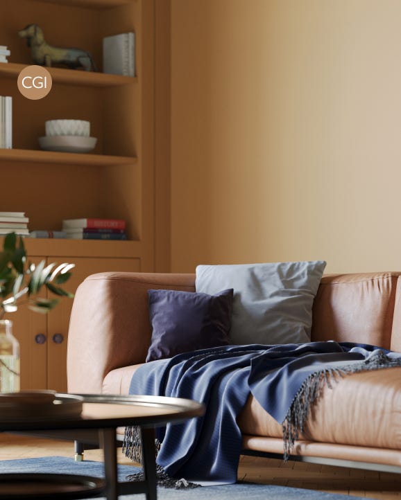 Brown leather sofa with blue blanket and pillows in a living room setting.