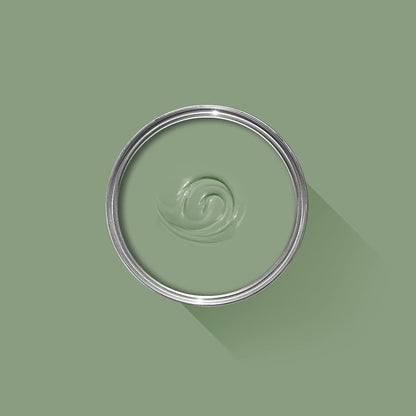 Green paint swatch with a metal lid on a green background