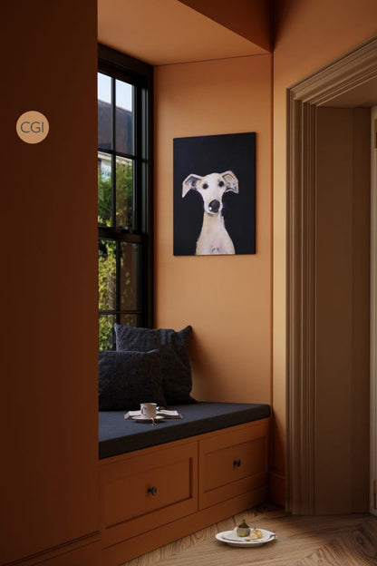 Room interior with a window seat, cushions, and a painting of a dog on the wall.