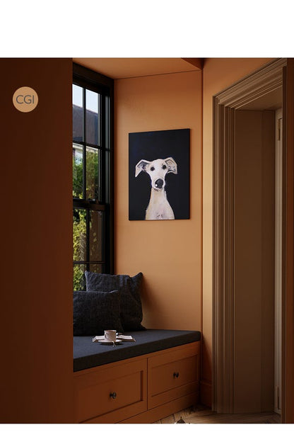 Room interior with a bench, cushions, and a painting of a dog on an orange wall.