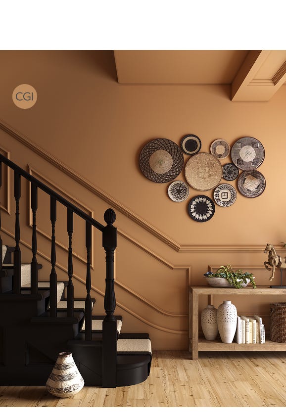 Decorative wall art with circular frames on a beige wall above a staircase.