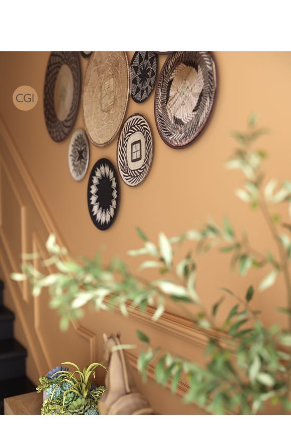 Decorative hats on a wall with a plant in the foreground